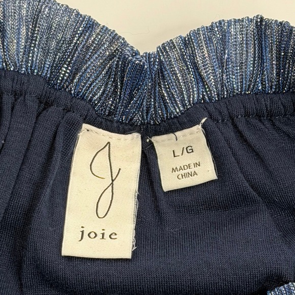 Joie Navy Blue Metallic Pleated Smocked High Neck Blouse Womens Large Party Glam - Picture 7 of 11